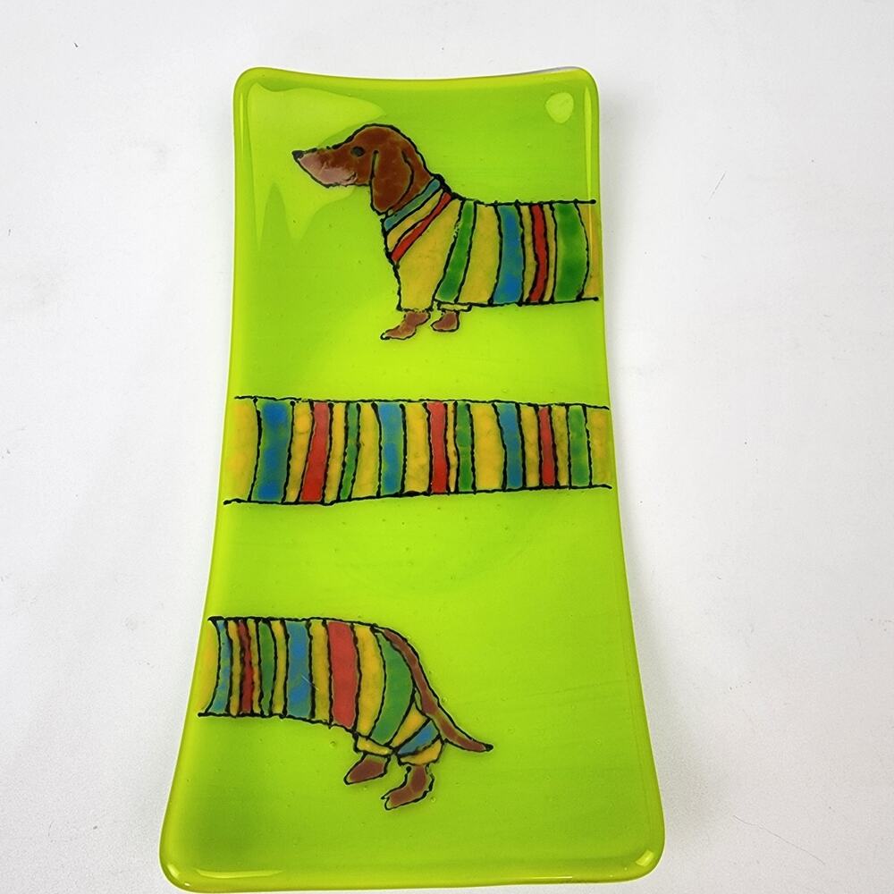 Dachshund in Sweater Green Fused Glass Dish Rectanuglar Dog Colorful 10.5 x 5.5"